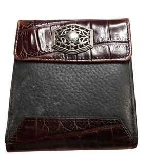 Brighton Vintage Black Crocodile Embossed Leather Bifold Wallet Unisex